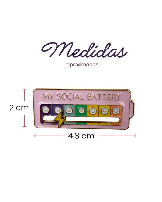 Pink My Social Battery Brooch with faces and yellow lightning bolt