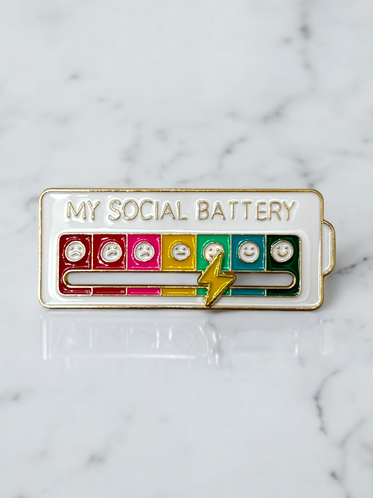 My Social Battery Brooch in White with Faces and Yellow Lightning Bolt