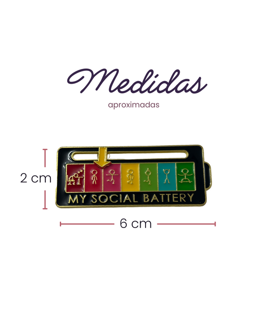 My Social Battery brooch in black with a figurine and yellow arrow