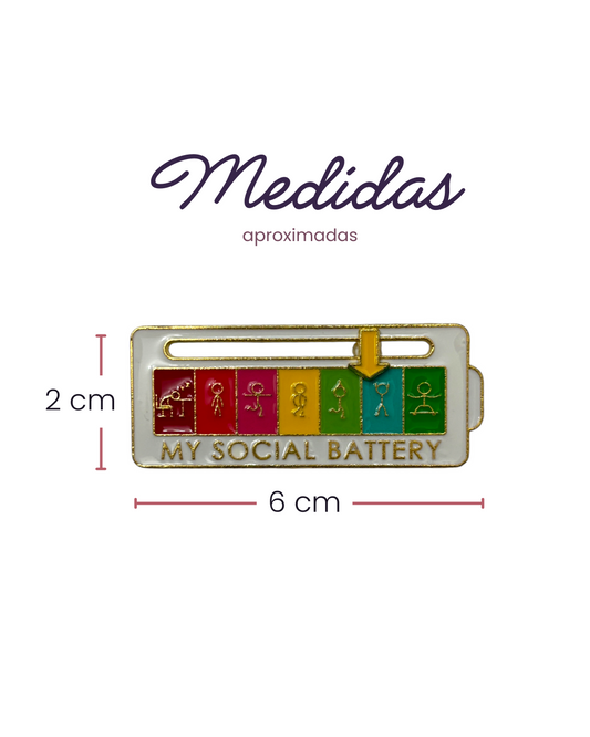 My Social Battery brooch in white with a figurine and yellow arrow