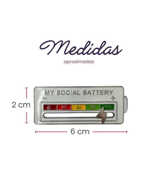 My Social Battery brooch in white with numbers and a white lightning bolt