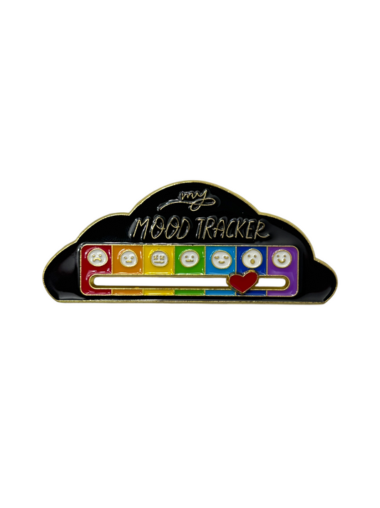 Black Mood Tracker brooch in the shape of a cloud with a red heart