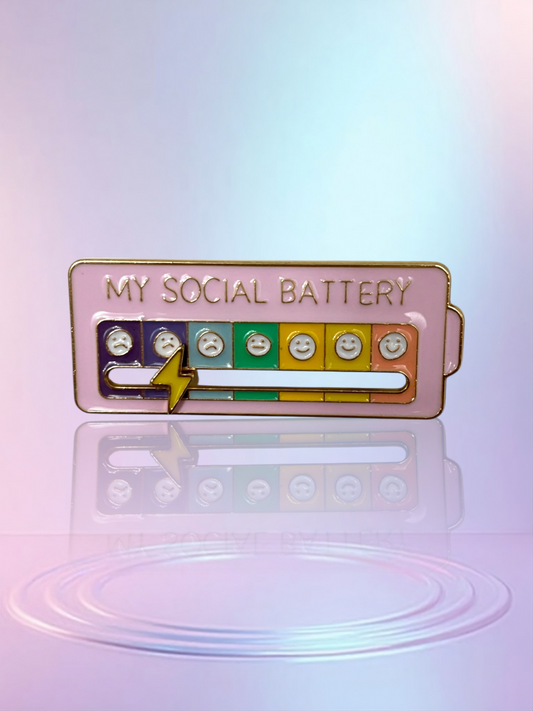 Pink My Social Battery Brooch with faces and yellow lightning bolt