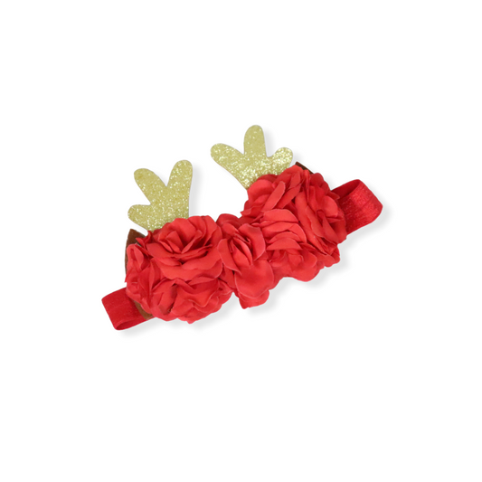 Vinchas elastica de reno dorado con flores rojas