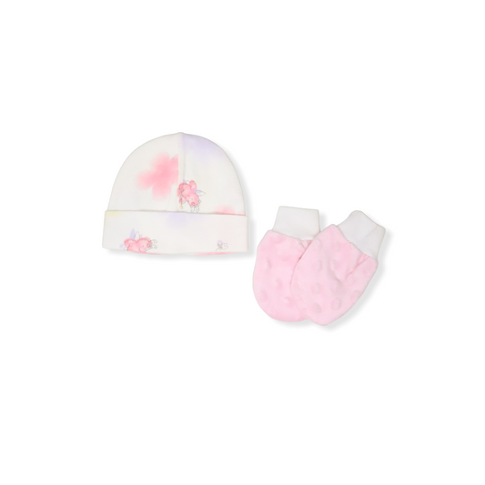 Set de Gorrito y guantes para recien nacida rosado y amarillo