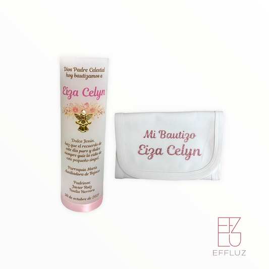 KIT VELA DE BAUTIZO Y  PANUELO PERSONALIZADO ROSA MODELO EIZA 6 PULG