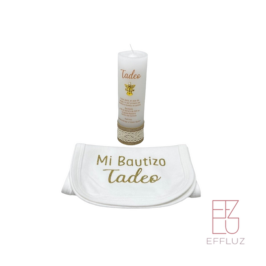 KIT VELA DE BAUTIZO Y PANUELO PERSONALIZADO NEUTRAL MODELO TADEO 6 PULG