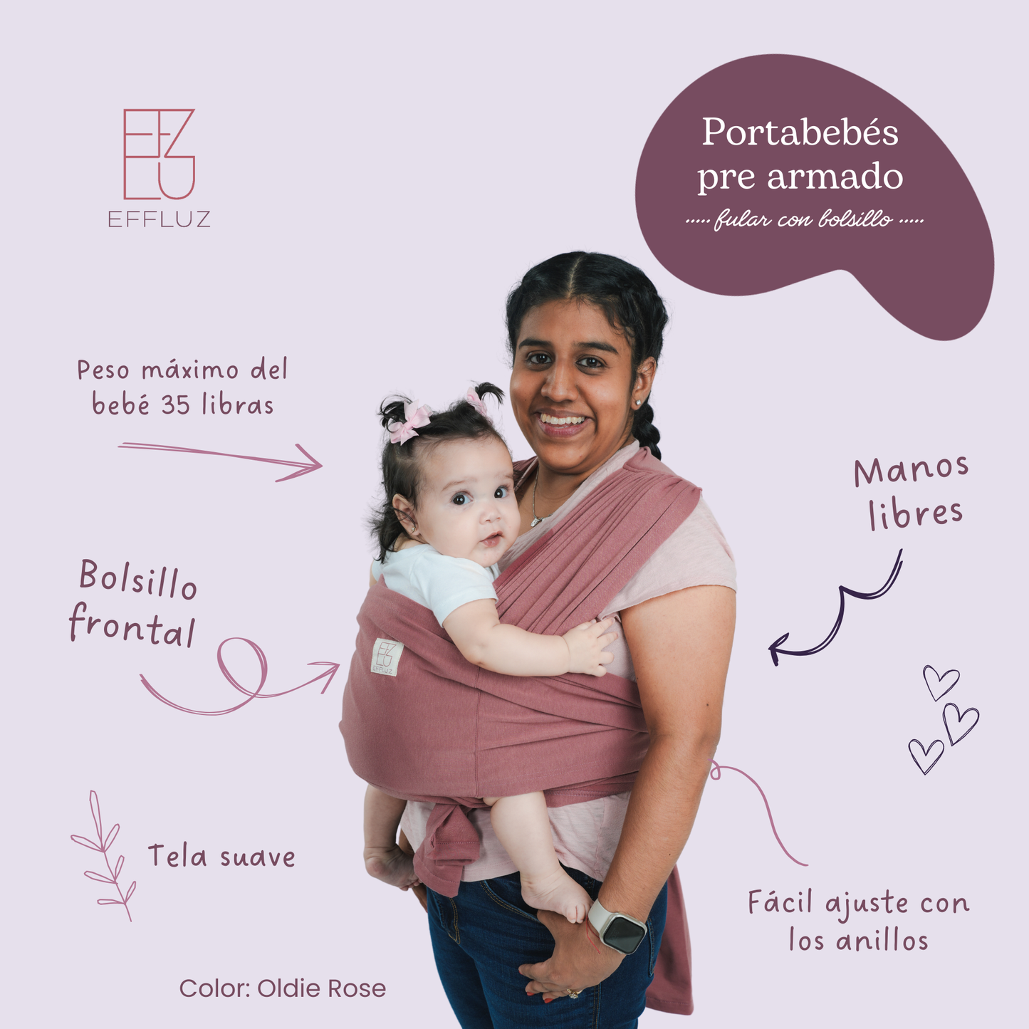 Portabebés Fular Prearmado con anillos y bolsillo - Oldie Rose (Rosa Vieja) Effluz