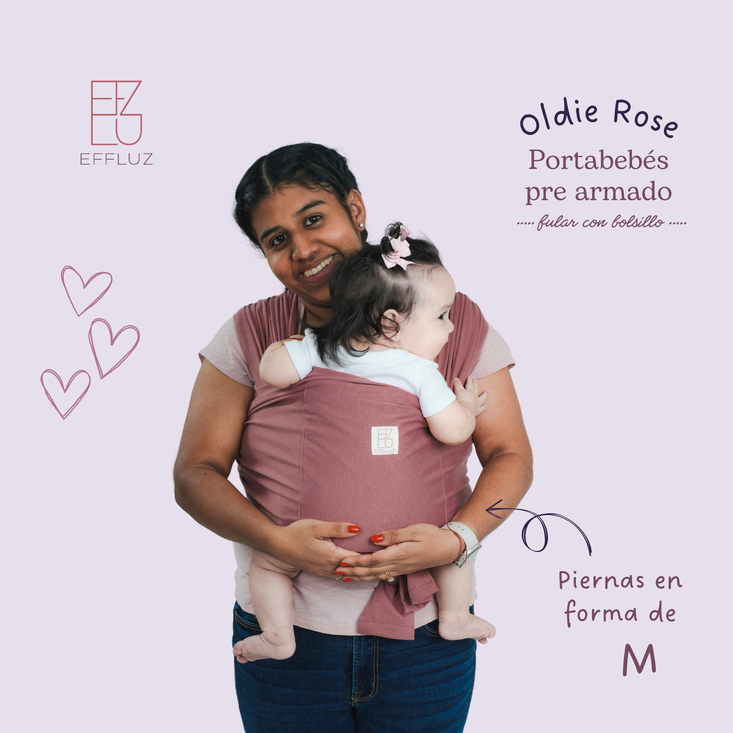 Portabebés Fular Prearmado con anillos y bolsillo - Oldie Rose (Rosa Vieja) Effluz
