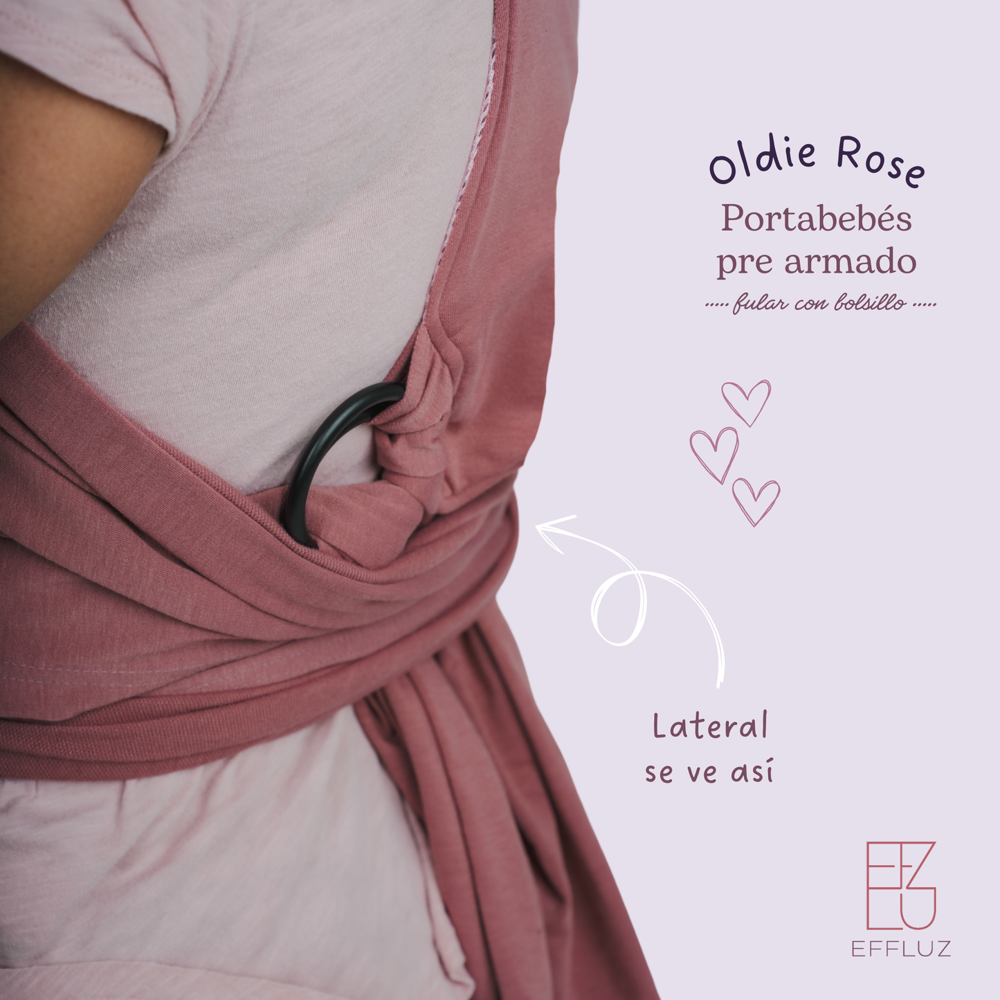Portabebés Fular Prearmado con anillos y bolsillo - Oldie Rose (Rosa Vieja) Effluz