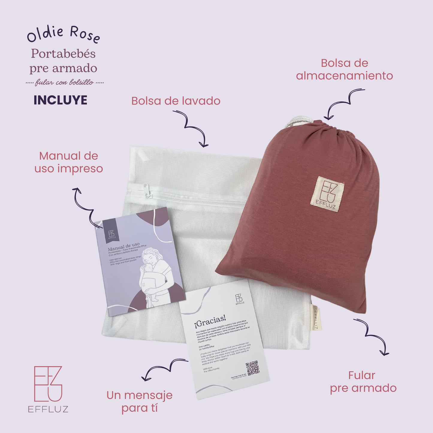 Portabebés Fular Prearmado con anillos y bolsillo - Oldie Rose (Rosa Vieja) Effluz