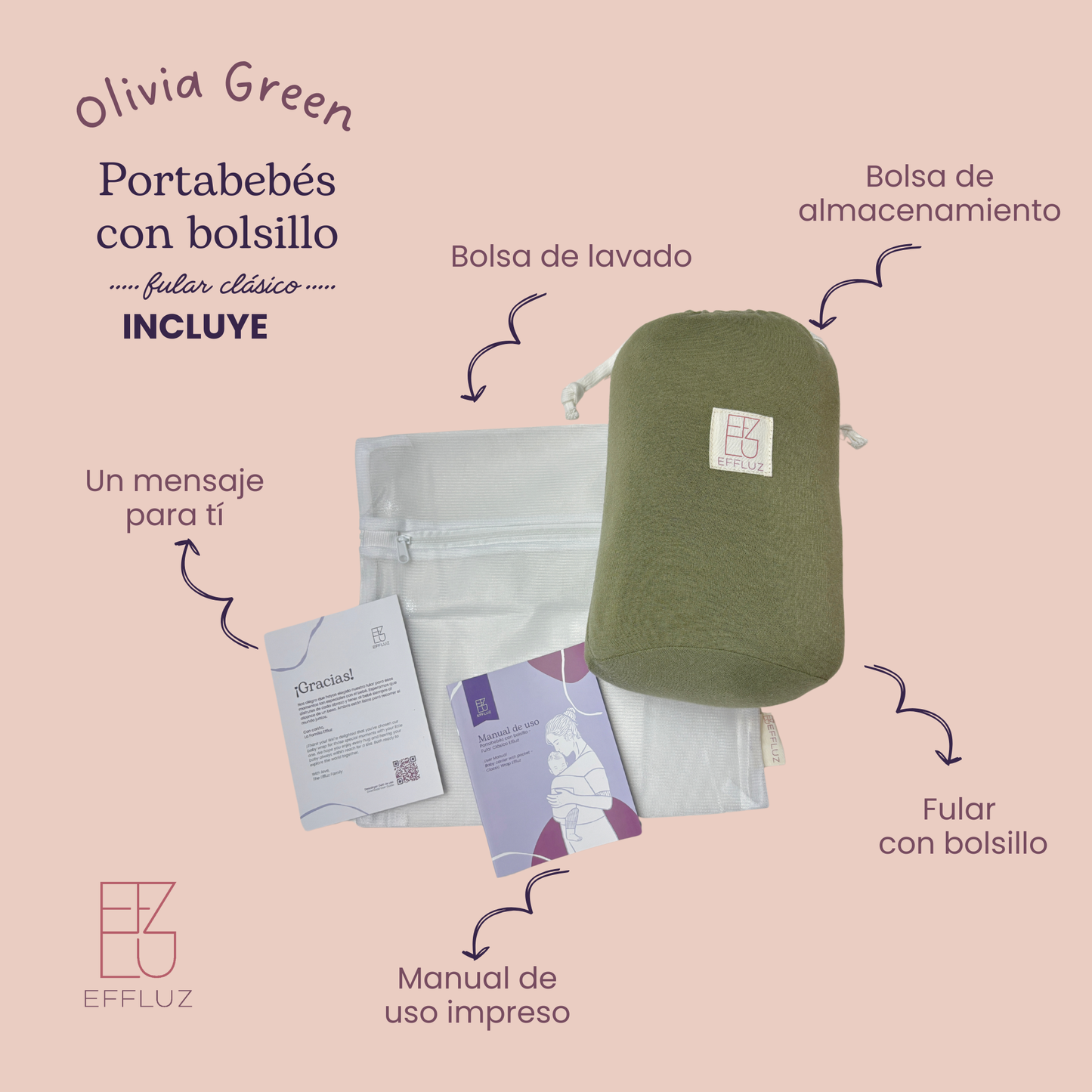 Portabebés Fular Clásico con bolsillo - Olivia Green (Verde Oliva) Effluz