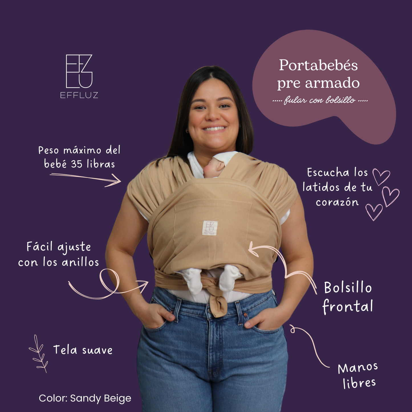 Pre-Assembled Baby Wrap Carrier with Rings and Pocket - Sandy Beige (Beige) Effluz