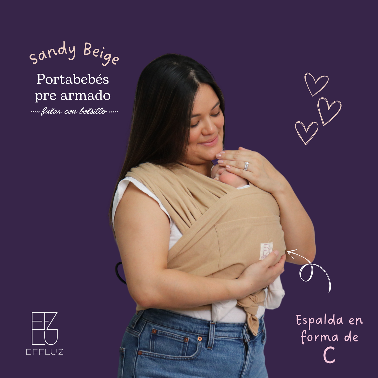 Pre-Assembled Baby Wrap Carrier with Rings and Pocket - Sandy Beige (Beige) Effluz
