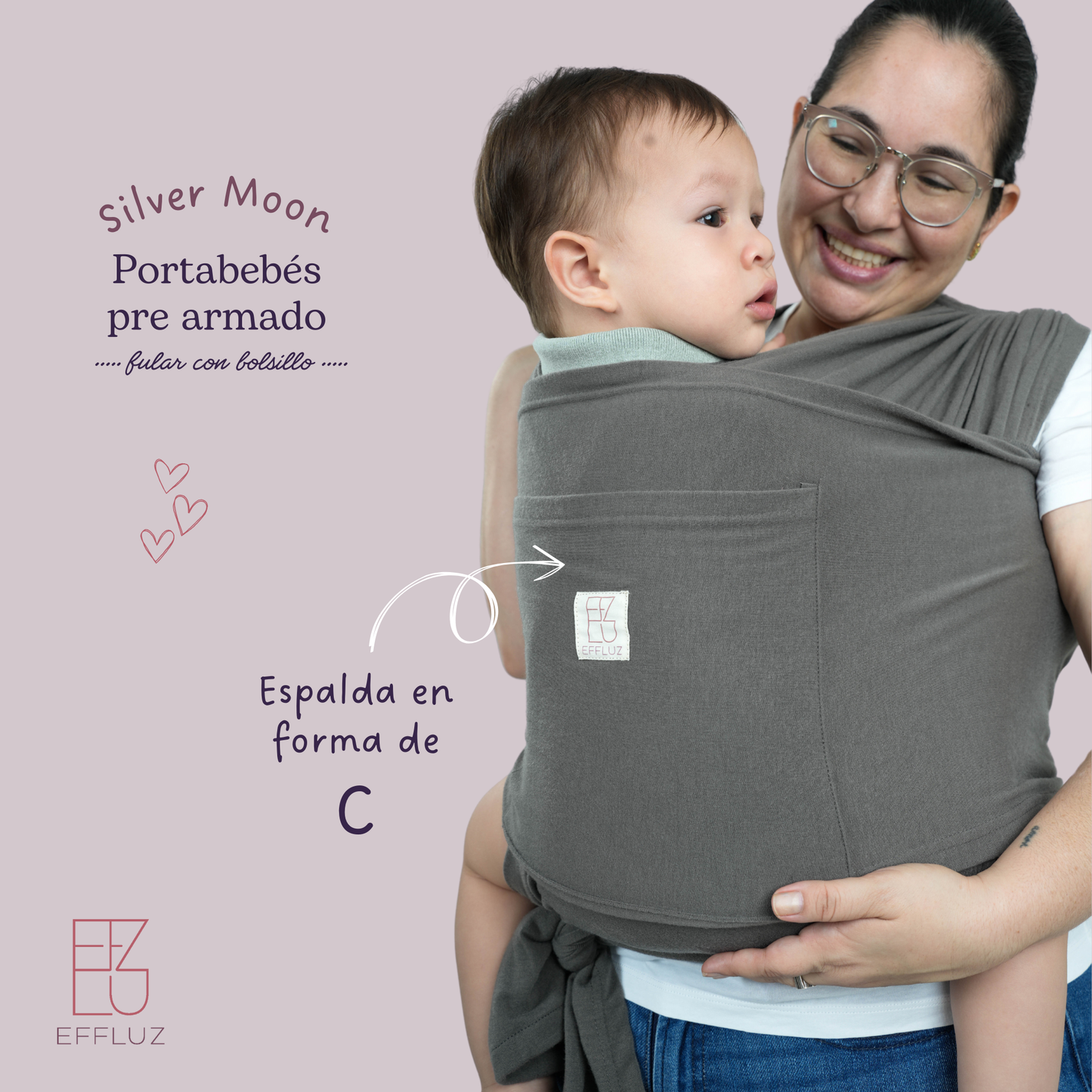 Pre-made Baby Wrap Carrier with Rings and Pocket - Silver Moon (Grey) Effluz