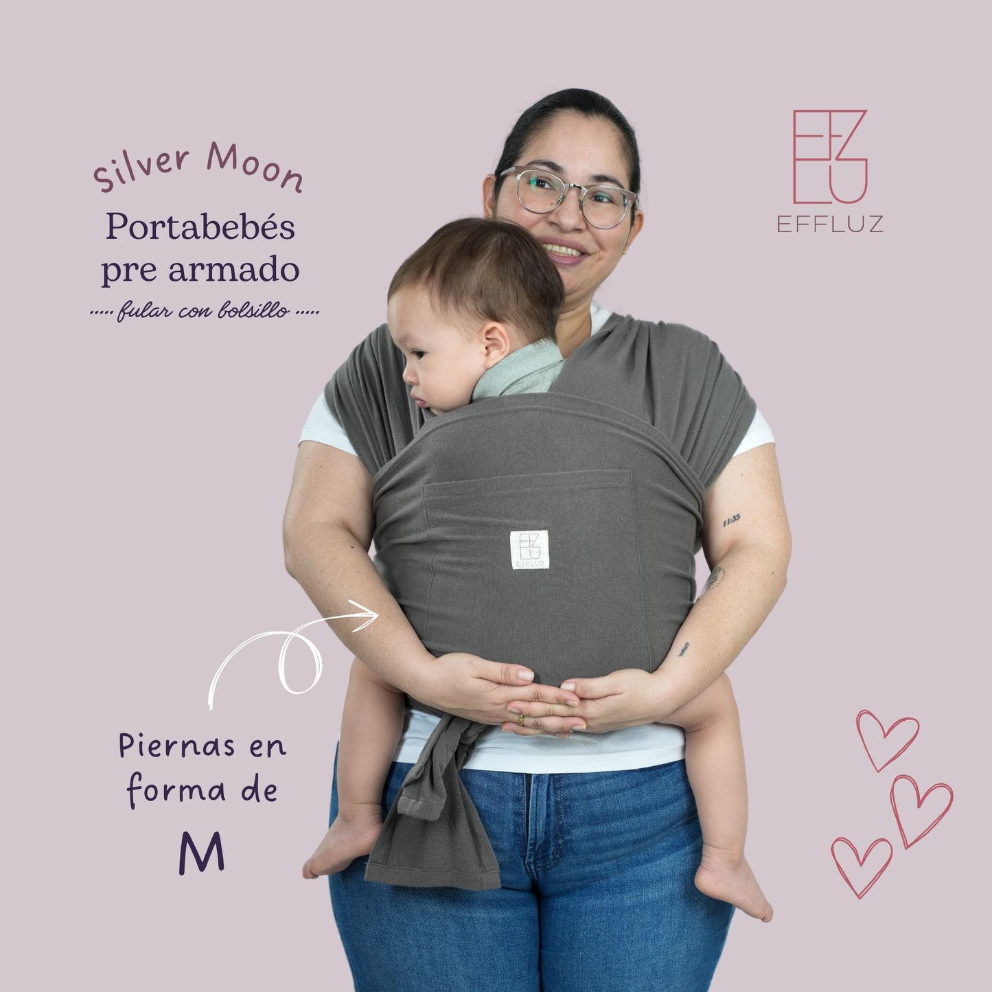 Pre-made Baby Wrap Carrier with Rings and Pocket - Silver Moon (Grey) Effluz