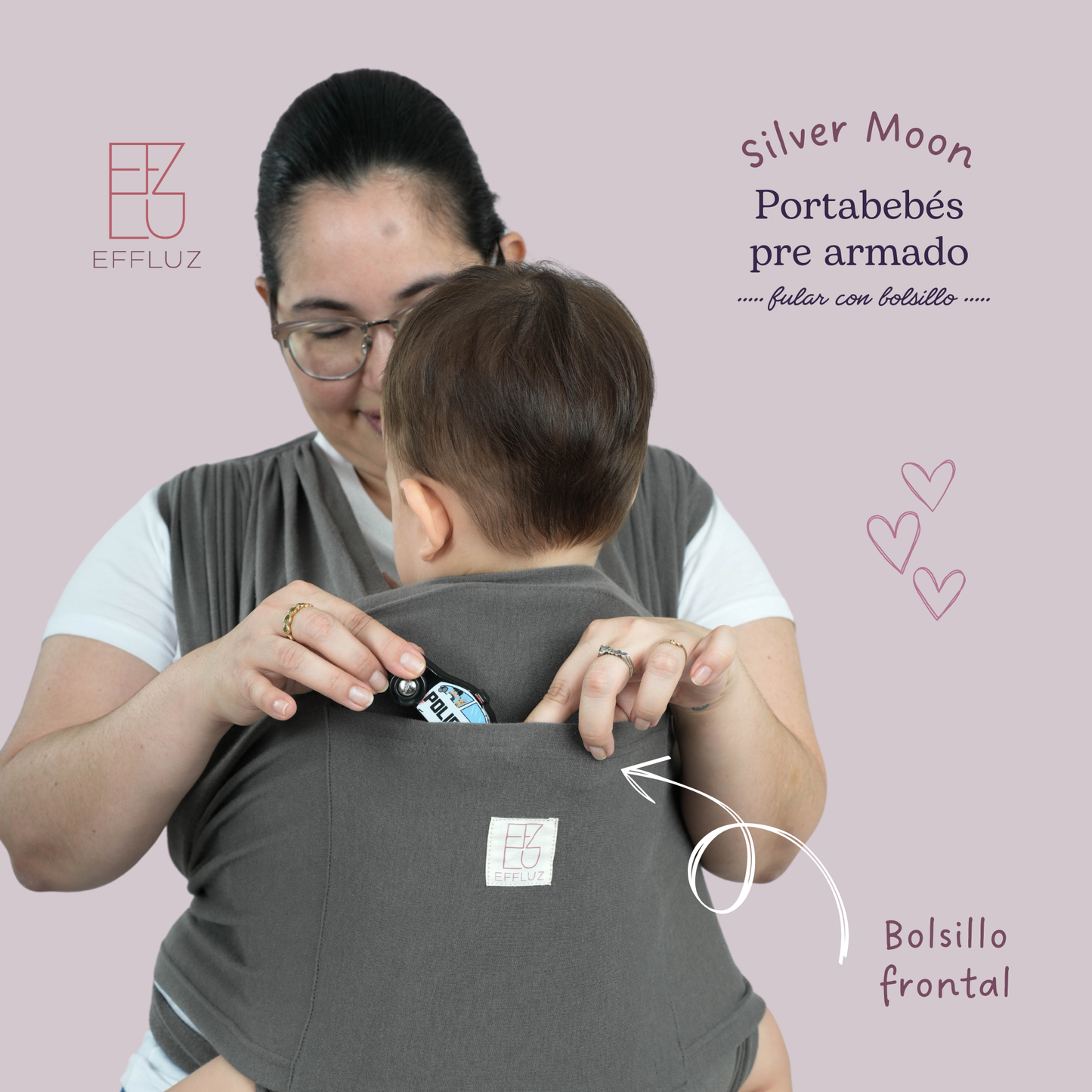 Pre-made Baby Wrap Carrier with Rings and Pocket - Silver Moon (Grey) Effluz