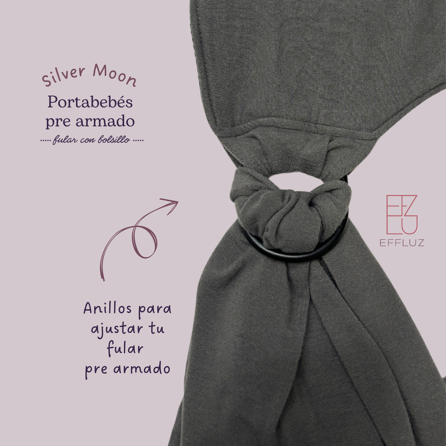 Pre-made Baby Wrap Carrier with Rings and Pocket - Silver Moon (Grey) Effluz