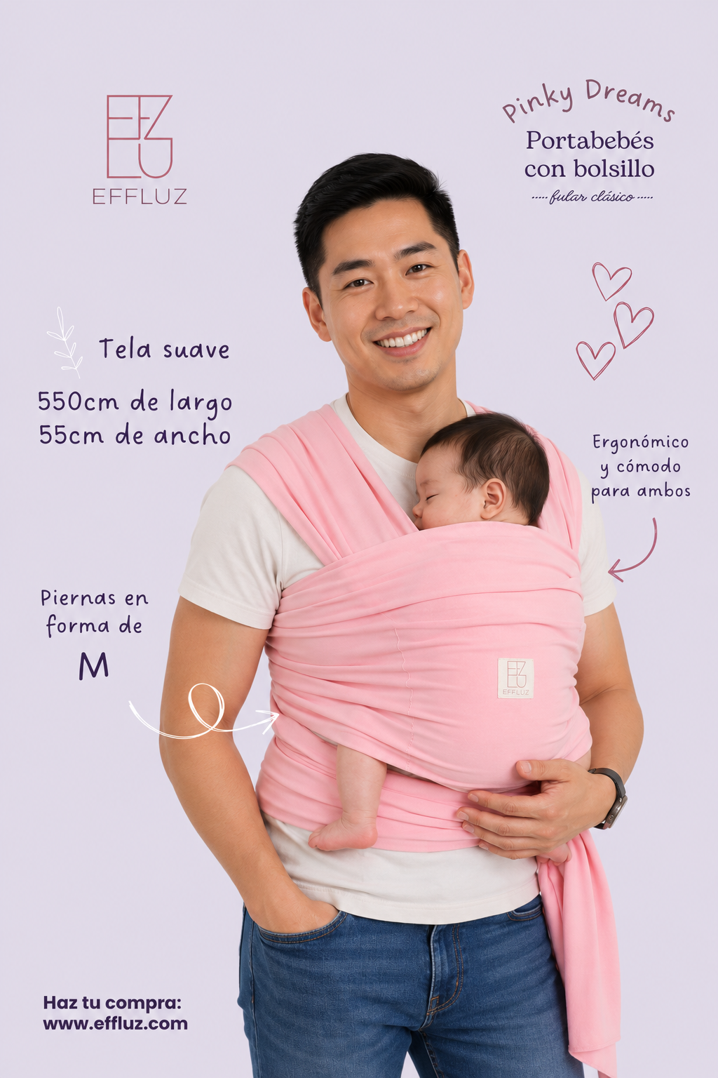 Portabebés Fular Clásico con bolsillo - Pinky Dreams (Rosa pastel) Effluz