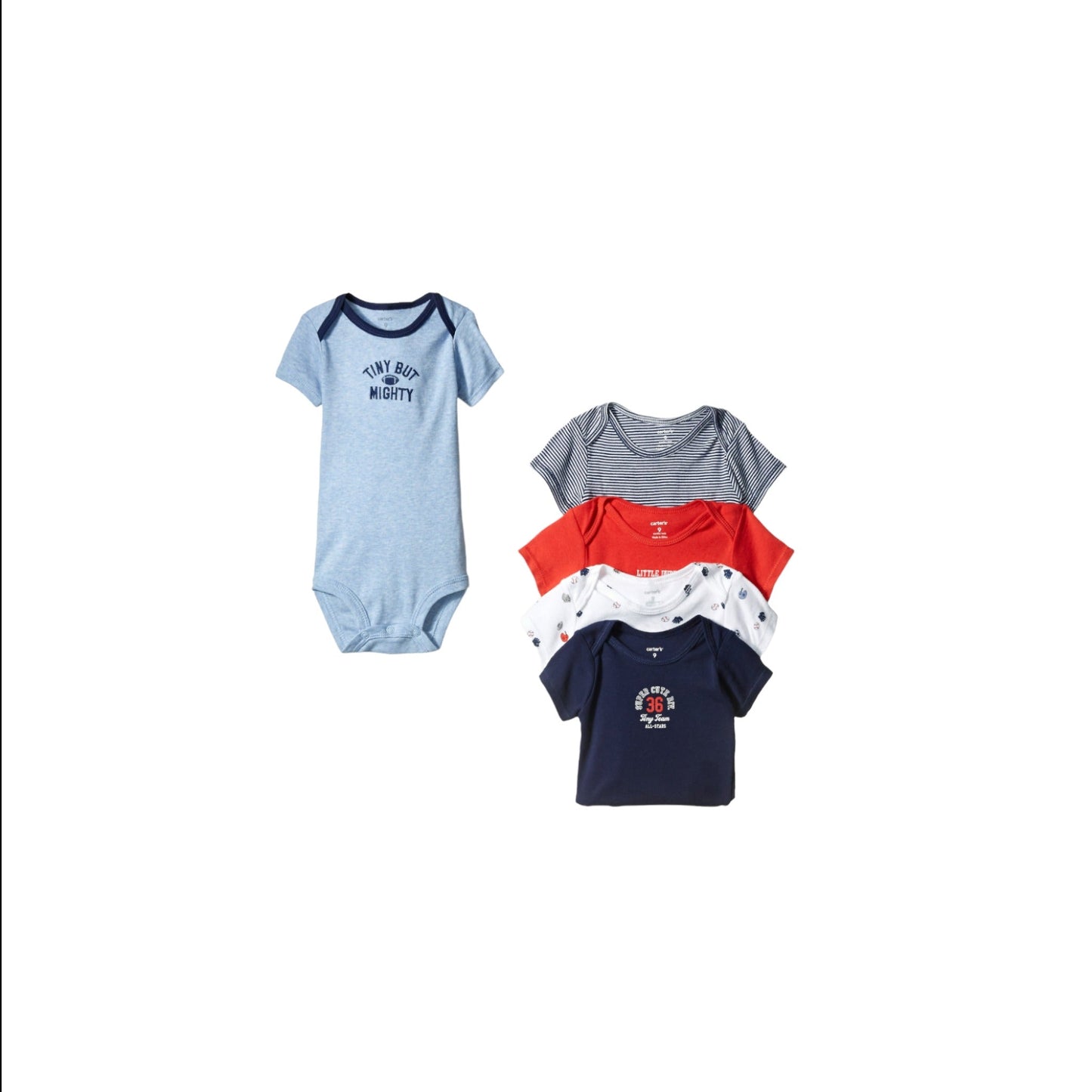 Set of 5 short sleeve bodysuits blue red blue sports theme - Premature Baby up to 6lb