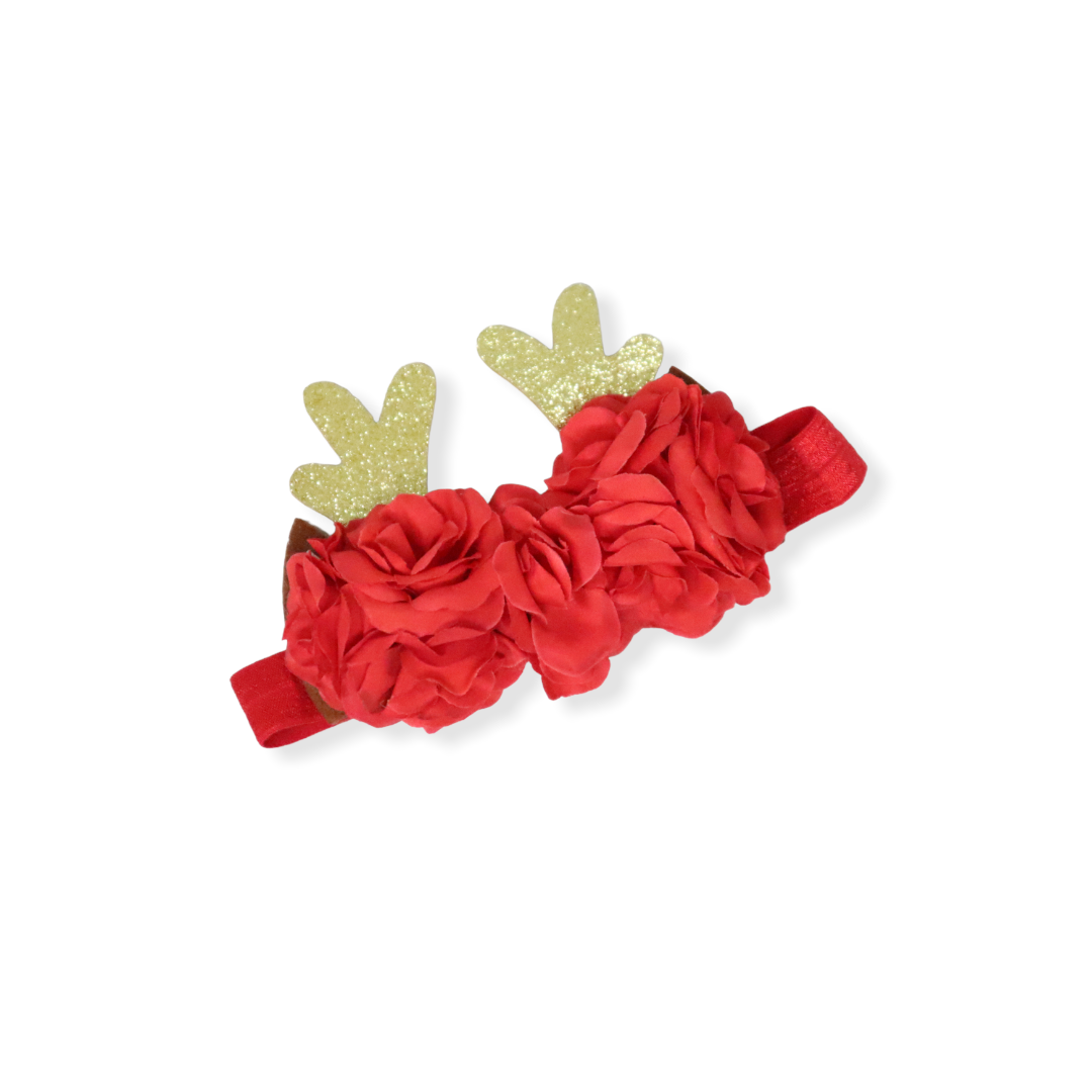 Golden reindeer elastic headbands with red flowers