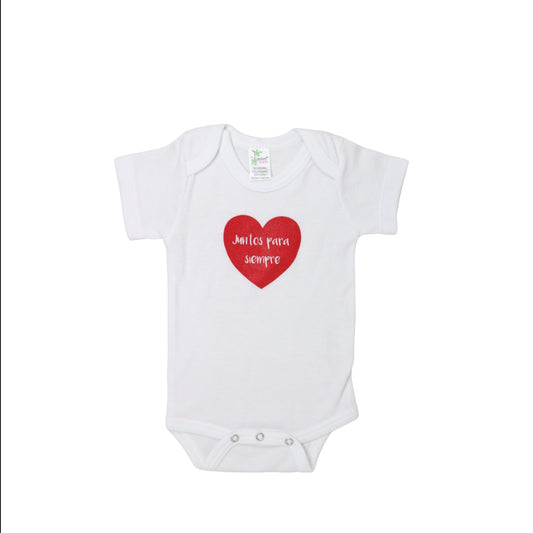 Newborn bodysuit with Together Forever print on red heart