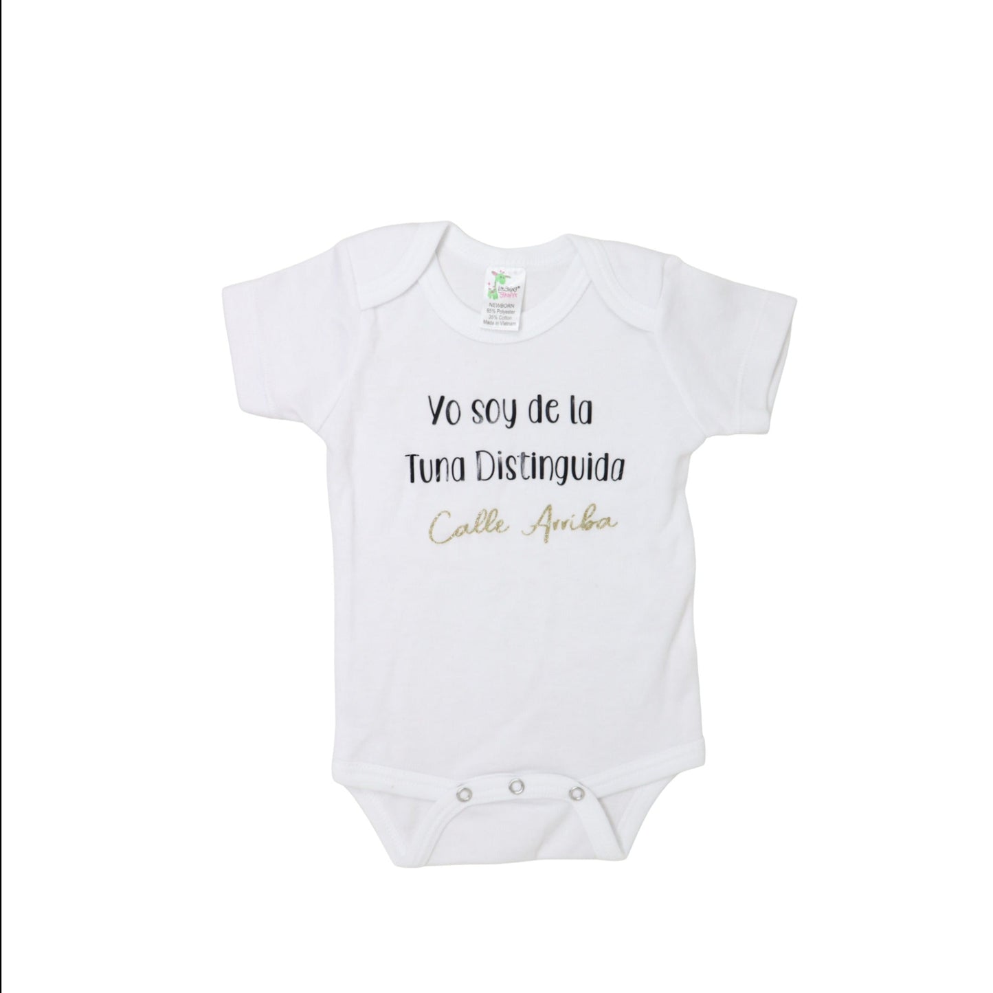 Newborn bodysuit with Calle Arriba Tuna Distinguida print