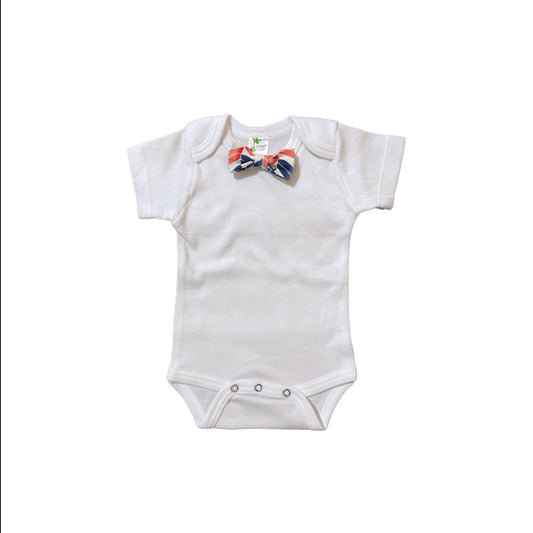 Newborn bodysuit with blue, red and cream kitten