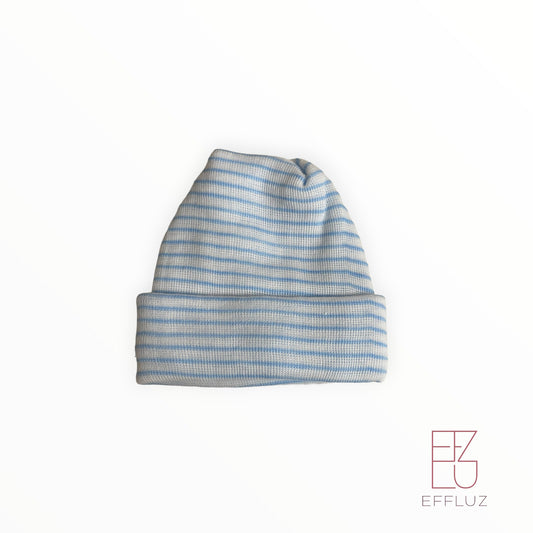 Premature baby hat 3-6lb - white with light blue stripes rounded top style 720