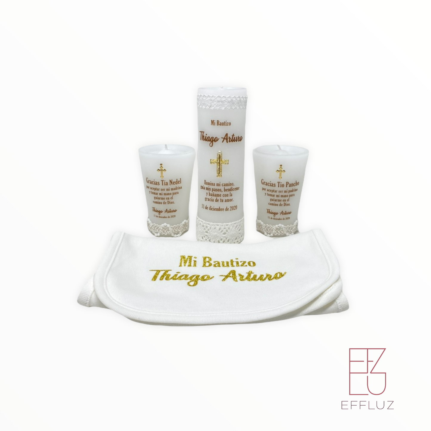 BAPTISM CANDLE KIT, HANDKERCHIEF AND 2 SIMPLE 3-INCH CANDLES FOR GODPARENTS, THIAGO MODEL